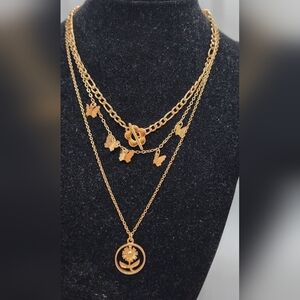 Goldtone 3 Layer Chain Butterfly Flower Necklace 13" to 15"